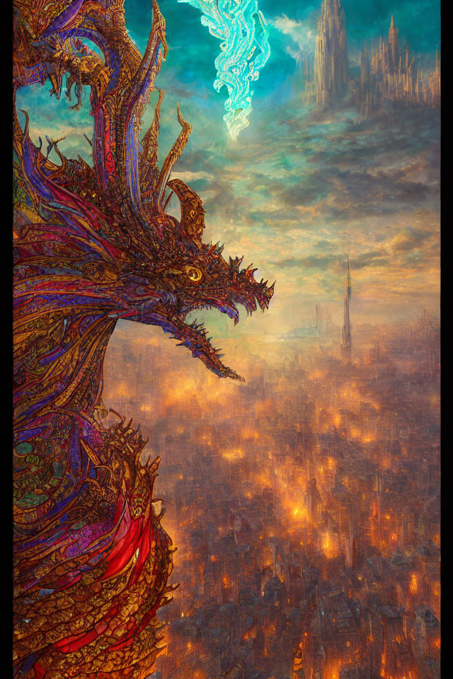 Colorful dragon and blue spirit over fantasy cityscape at dusk