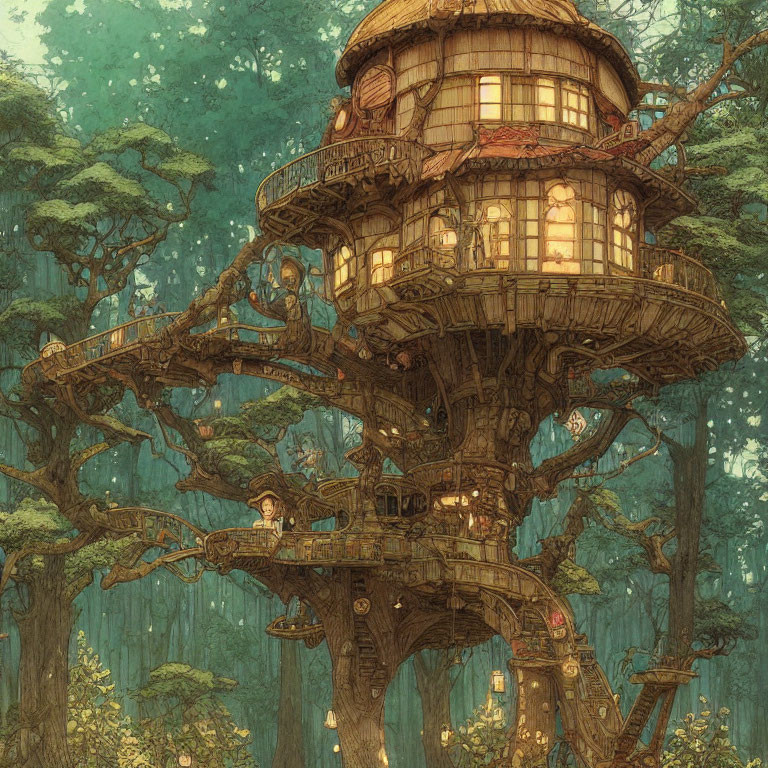 Detailed Treehouse with Warm Lights in Lush Forest
