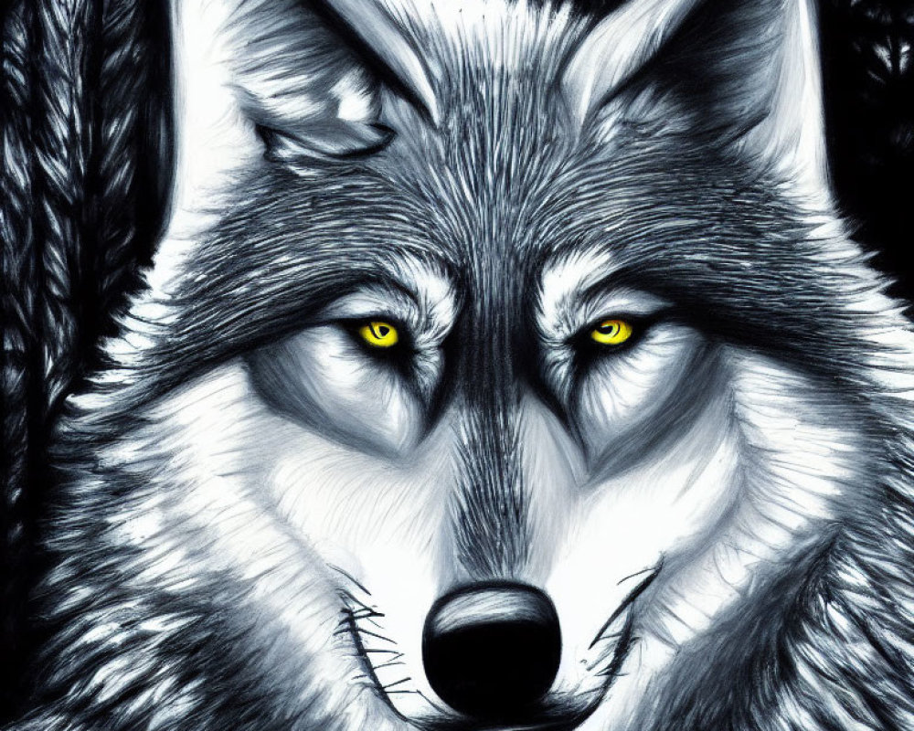 Detailed Wolf Illustration with Intense Yellow Eyes and Fur Shading