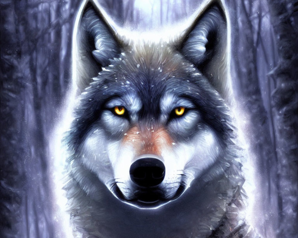 Digital artwork featuring a wolf with yellow eyes in snowy forest