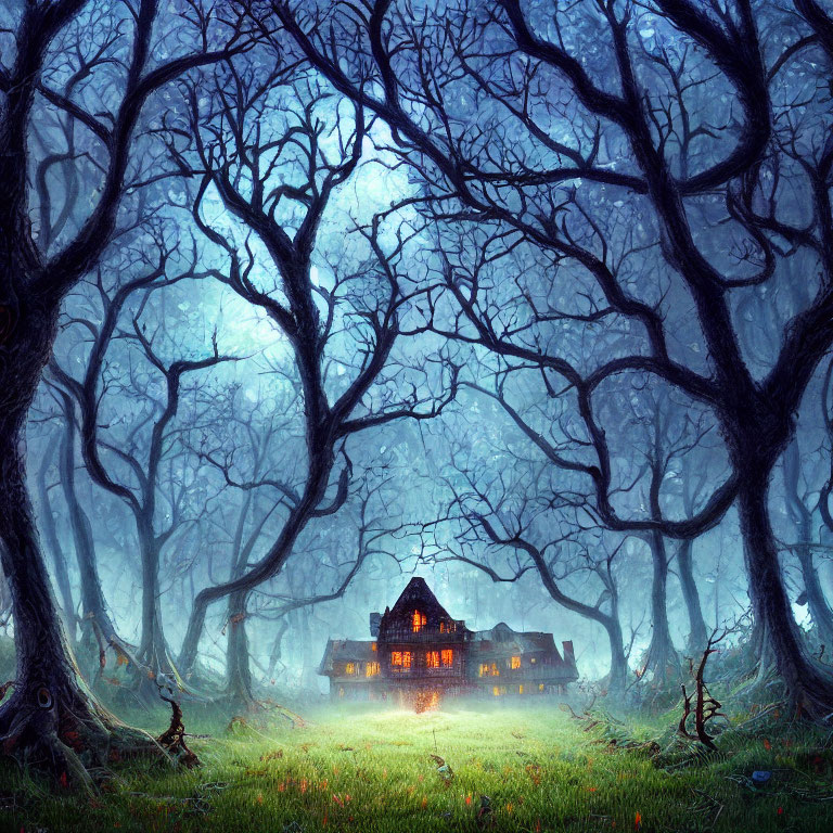 Enchanting Twilight Forest with Lit Cottage
