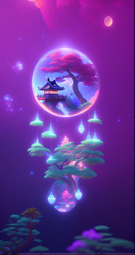 Digital artwork: Floating orb, Asian building, tree, vibrant purple sky.