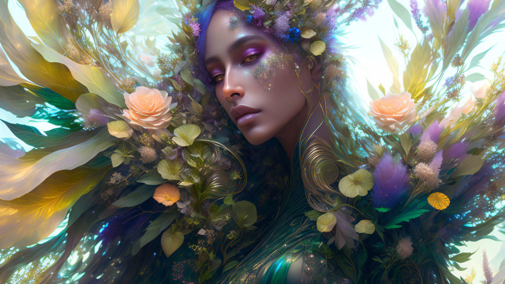 Serene woman with floral and butterfly details in ethereal garden.