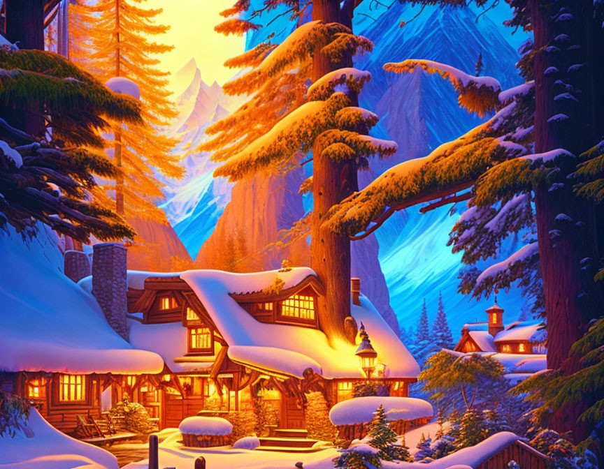 Snow-covered cottages and glowing lights in winter scene with mountains and twilight sky