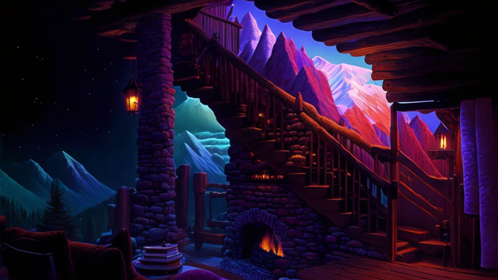Wooden cabin with roaring fireplace and snowy mountain view at night