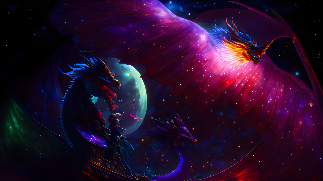 Digital Artwork: Majestic Blue and Red Dragons with Warrior under Cosmic Sky