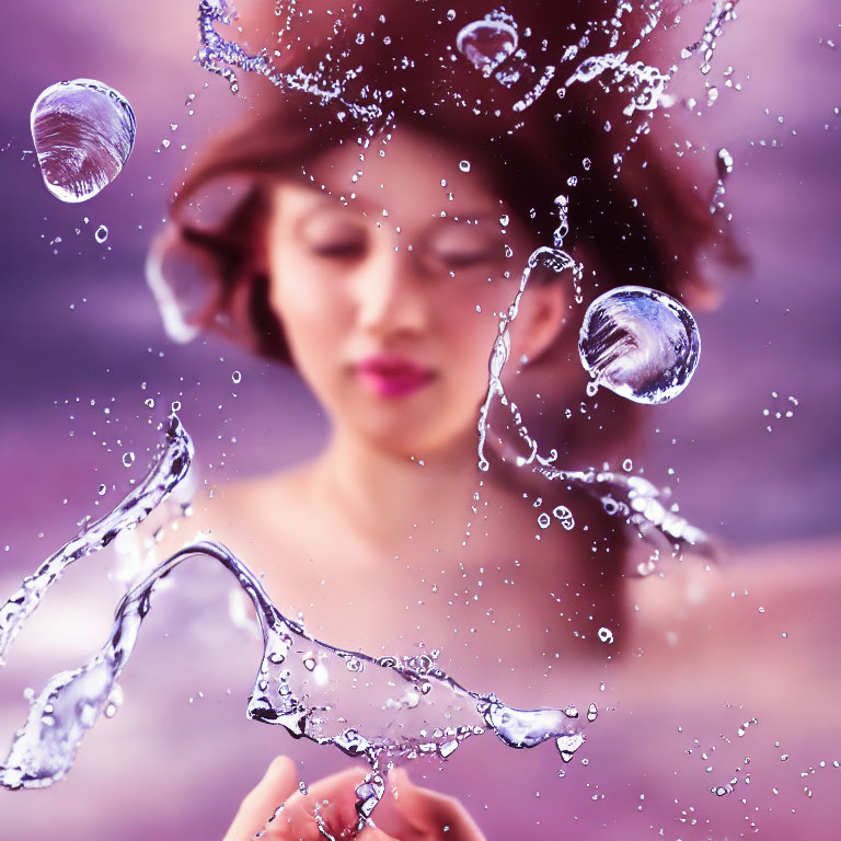 Dynamic water splashes around woman on blurred purple background