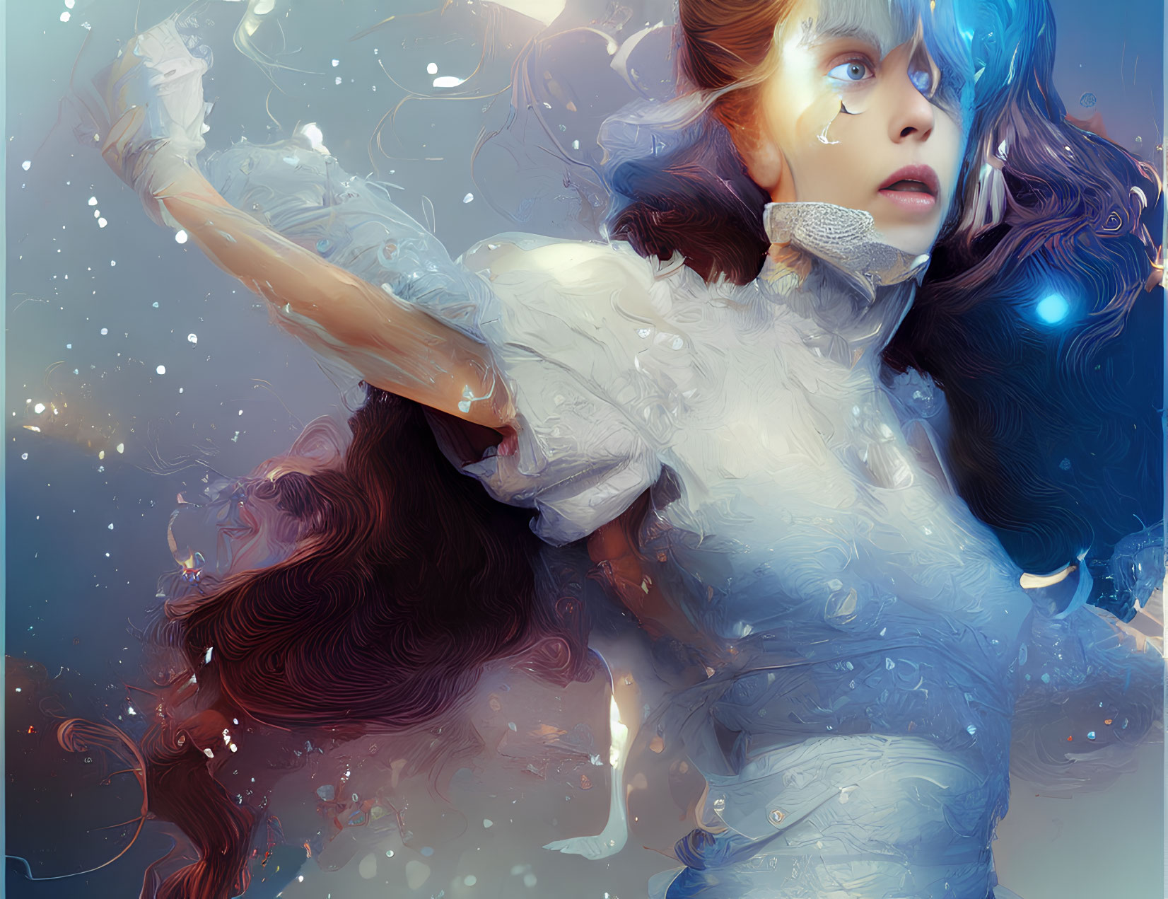 Surreal digital artwork of girl in cosmic blue and white environment