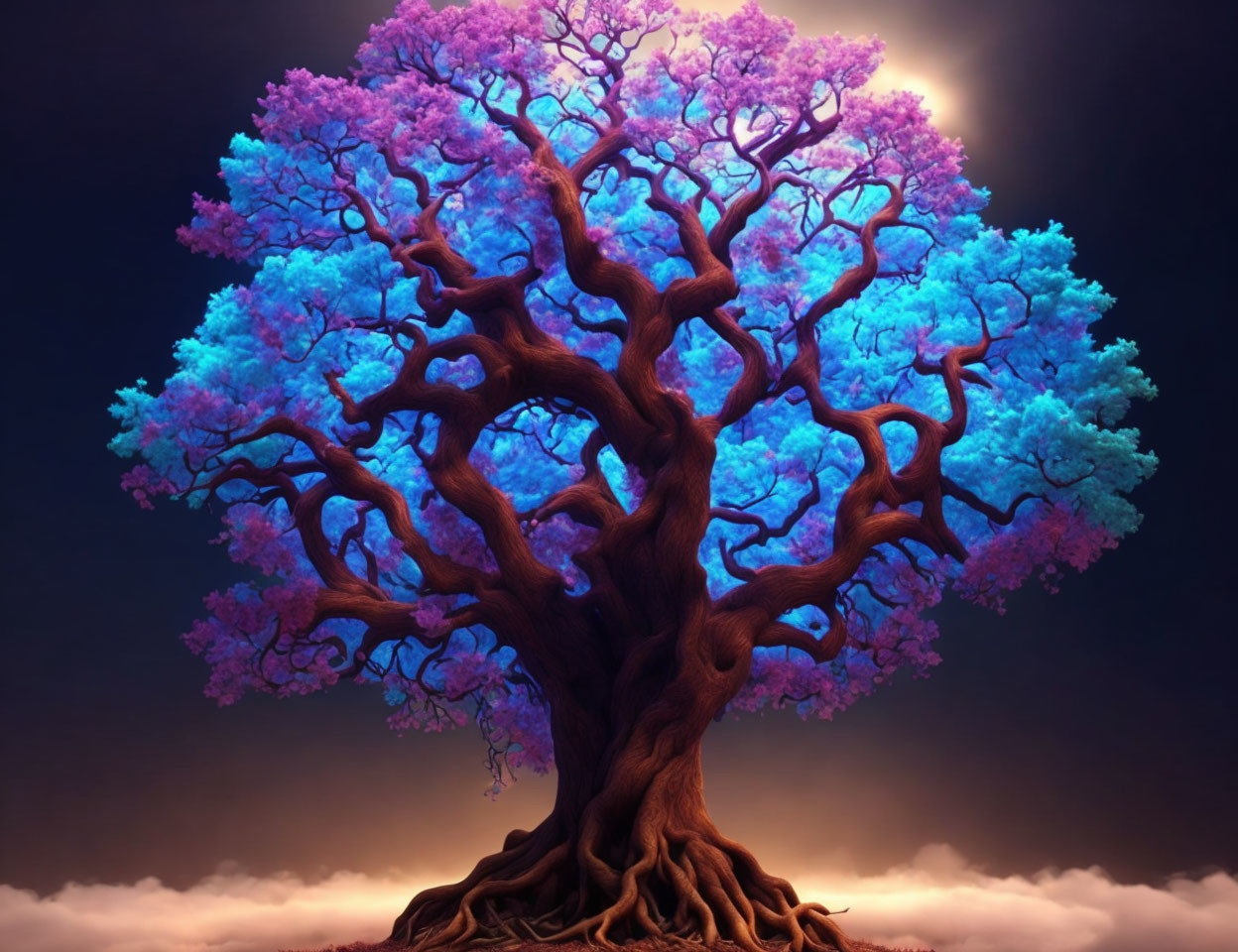 Majestic tree with vibrant blue-purple foliage under full moon