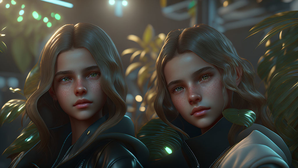 Identical virtual female characters with blue eyes and wavy hair in dimly lit greenery.