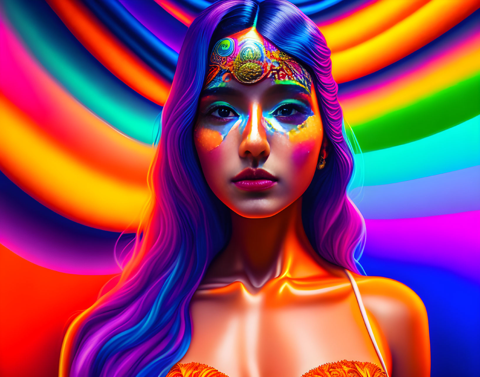 Colorful portrait of a woman with blue-purple hair and face paint on rainbow backdrop