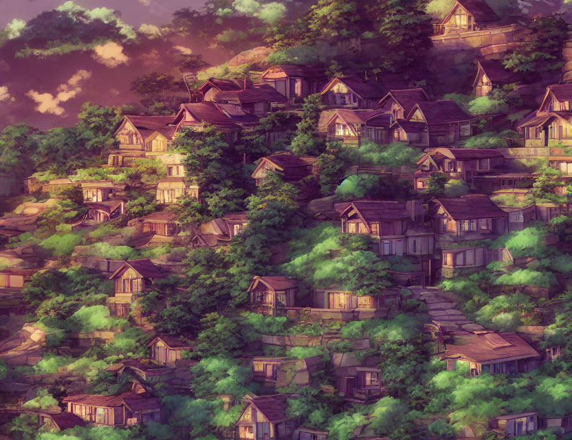 Charming village with rustic houses in lush greenery at sunset