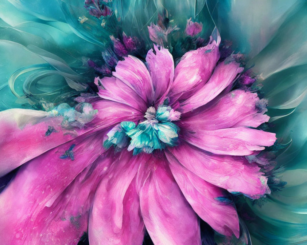 Vibrant digital artwork of pink flower on turquoise background
