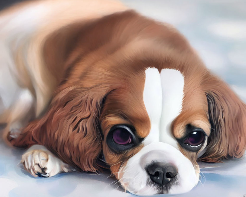 Realistic digital painting of brown and white Cavalier King Charles Spaniel