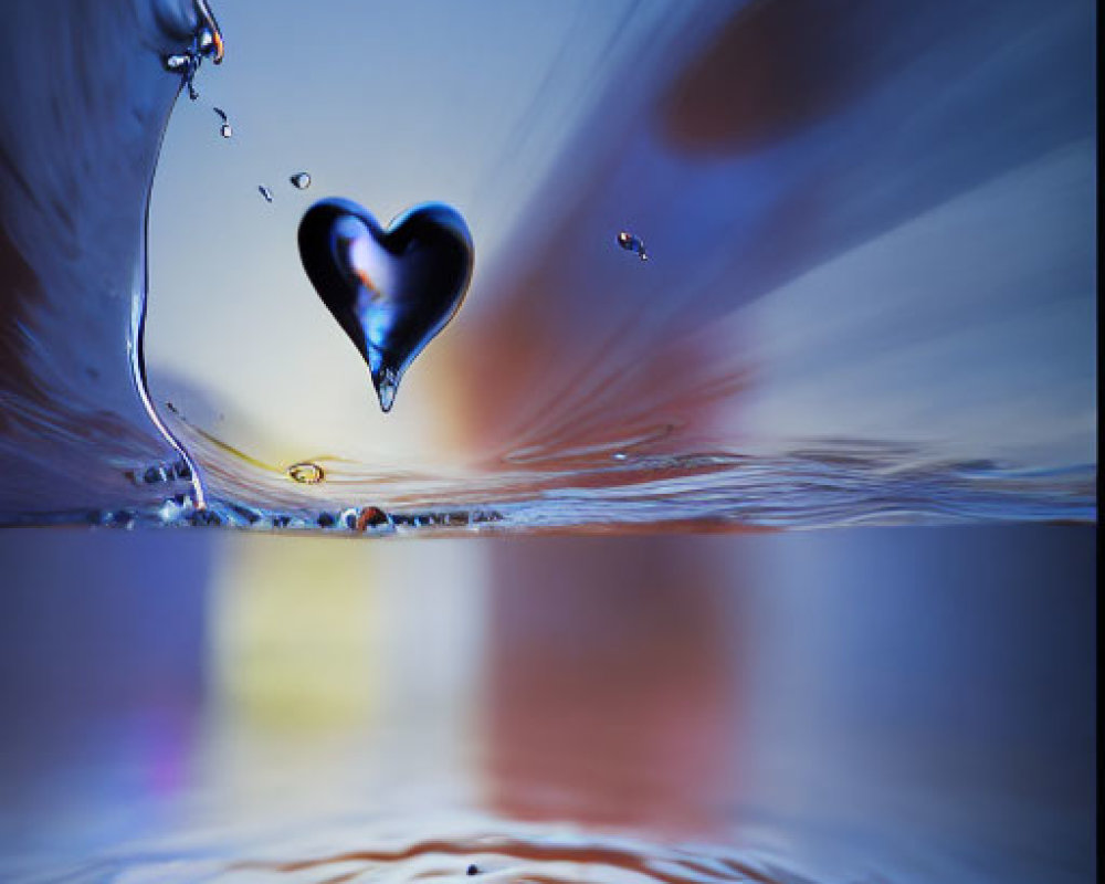 Heart-shaped water droplet frozen in dynamic splash with serene water reflection