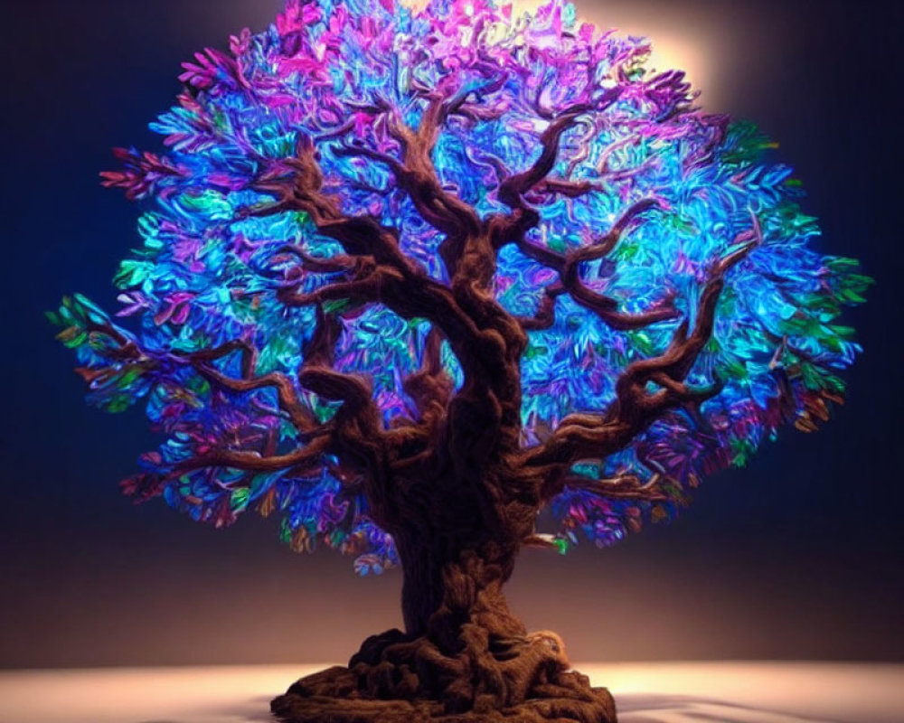 Vibrant blue and purple artificial tree on intricate brown trunk against gradient backdrop