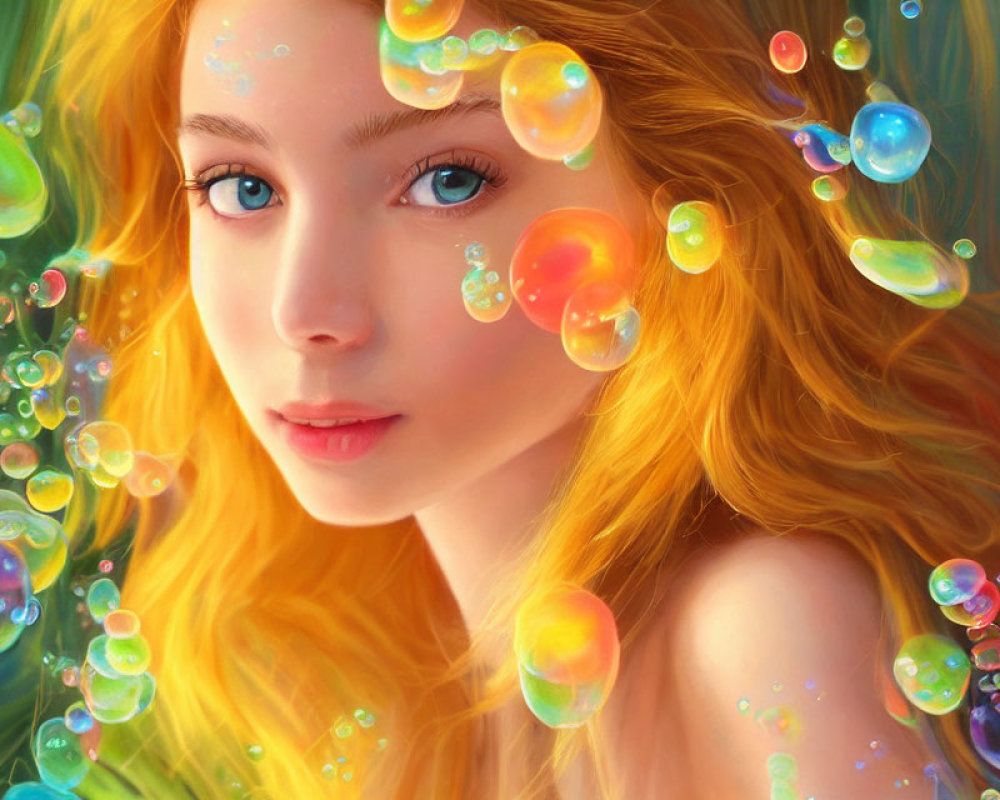 Radiant red-haired woman surrounded by iridescent bubbles and colorful light