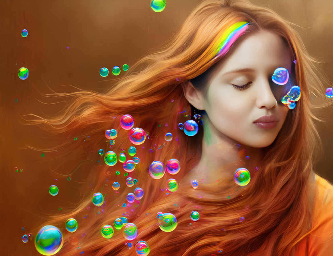 Woman with Red Hair Surrounded by Soap Bubbles on Brown Background