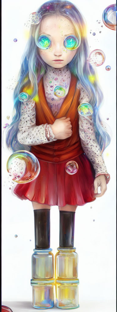 Colorful girl with cube boots in whimsical digital painting
