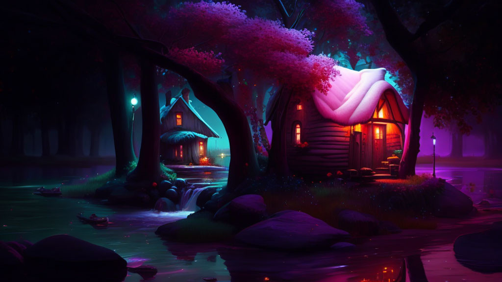 Illustration of Cozy Cottage in Twilight Forest with Glowing Trees