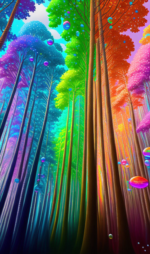 Colorful Rainbow Trees in Vibrant Forest with Luminescent Bubbles