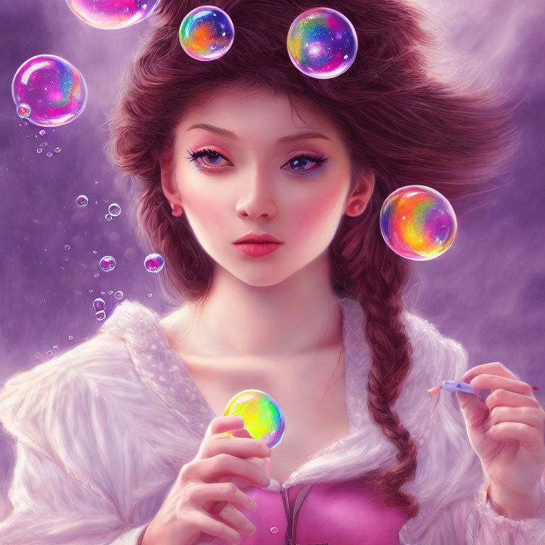 Woman with cosmic bubbles and purple background illustration