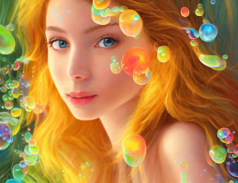 Radiant red-haired woman surrounded by iridescent bubbles and colorful light