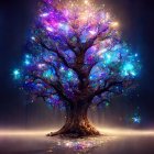 Vibrant blue and purple artificial tree on intricate brown trunk against gradient backdrop