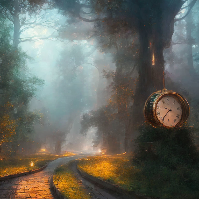 Enchanting forest path with fireflies and antique pocket watch