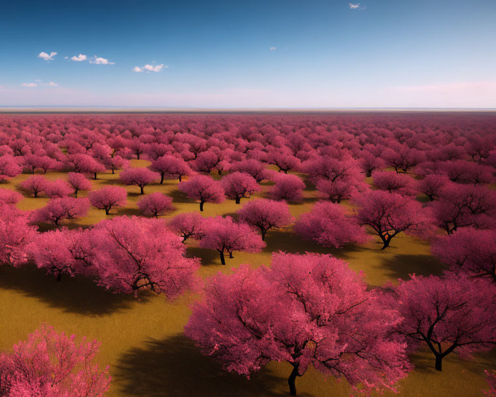 Pink cherry blossom trees blooming in vast landscape