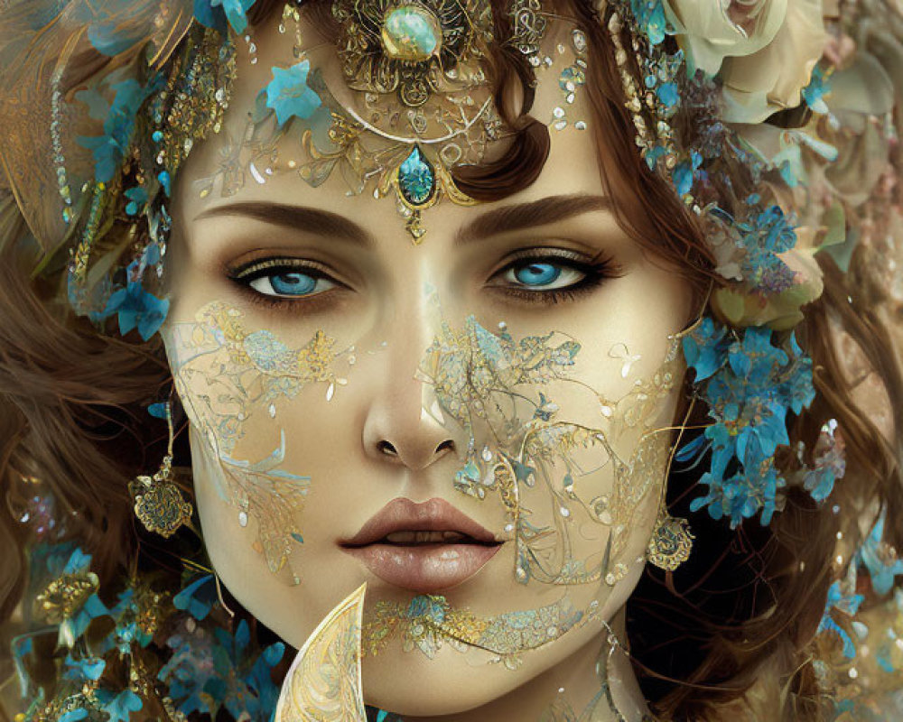Ornately adorned woman with blue flowers and gold accents