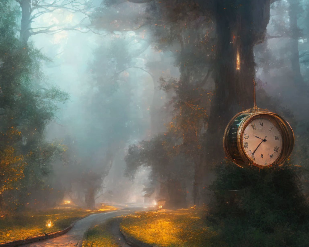 Enchanting forest path with fireflies and antique pocket watch