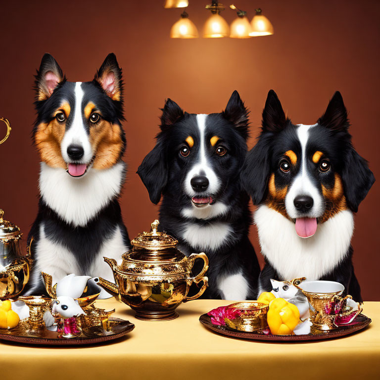Tricolor dogs with fancy tea set on table amid amber backdrop