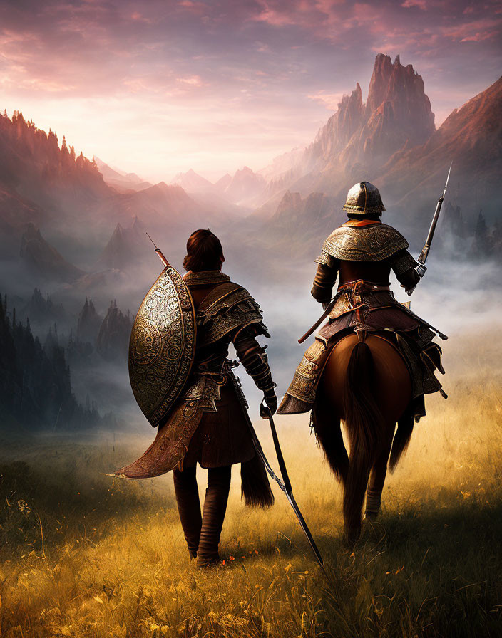 Medieval warriors in misty mountainous landscape at sunrise