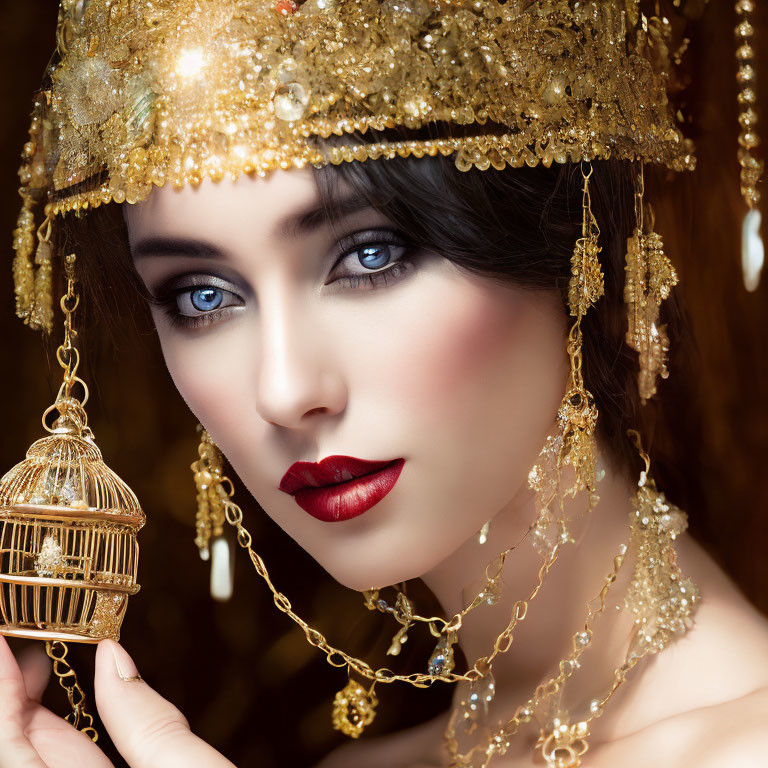 Woman with Blue Eyes and Red Lipstick Holding Golden Birdcage