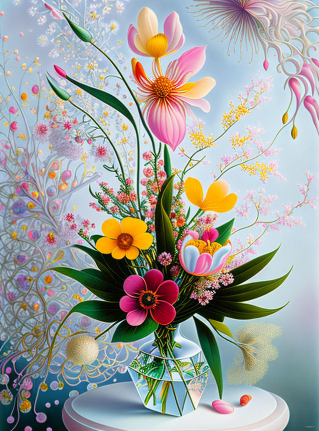 Colorful Flower Bouquet Painting in Geometric Vase on Whimsical Background