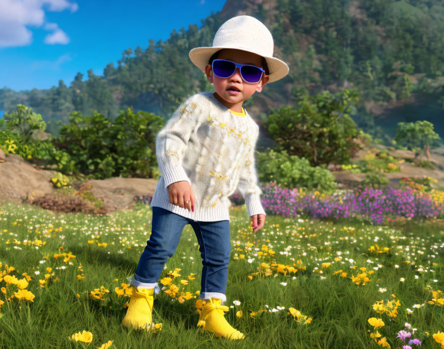 Young child in fashionable attire poses in vibrant flower field under sun