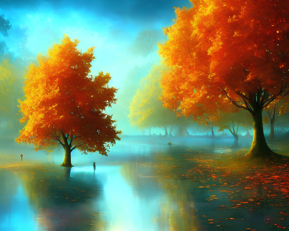 Fiery orange autumn trees reflected in serene blue waters