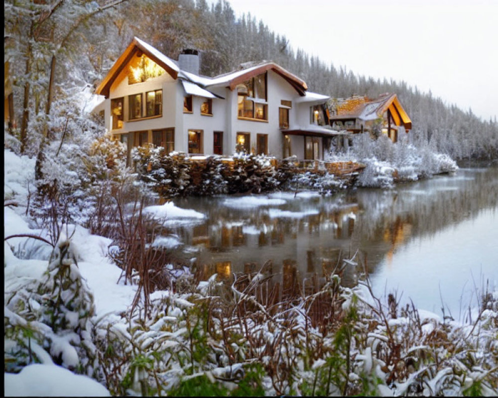 Snowy Two-Story House by Serene Lake in Frost-Covered Landscape