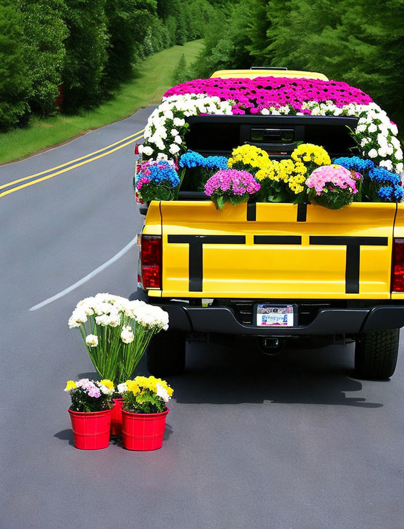 Colorful Flower-Decorated Yellow Pickup Truck Driving on Tree-Lined Road