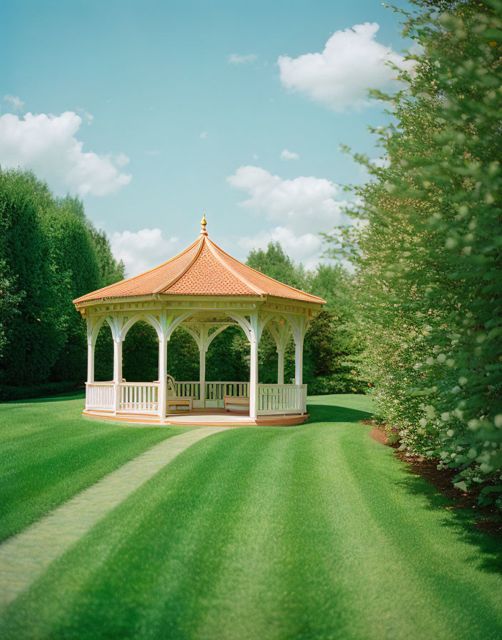 White Gazebo with Red Roof in Lush Greenery and Striped Lawn