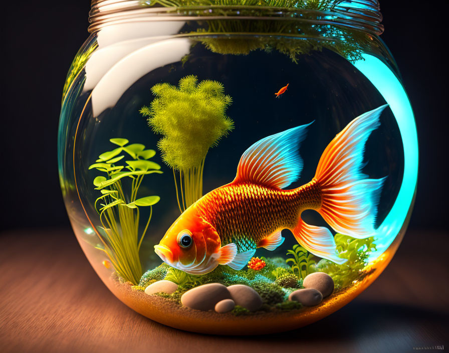 Colorful Goldfish Swimming in Round Aquarium with Plants and Stones