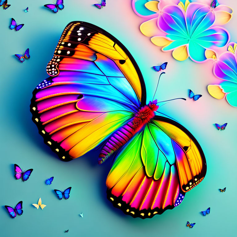 Colorful Butterfly Artwork with Rainbow Wings on Teal Background
