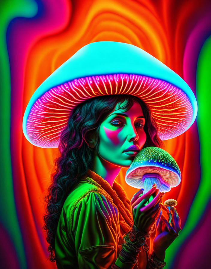 Woman with Glowing Mushroom Headpiece in Psychedelic Setting