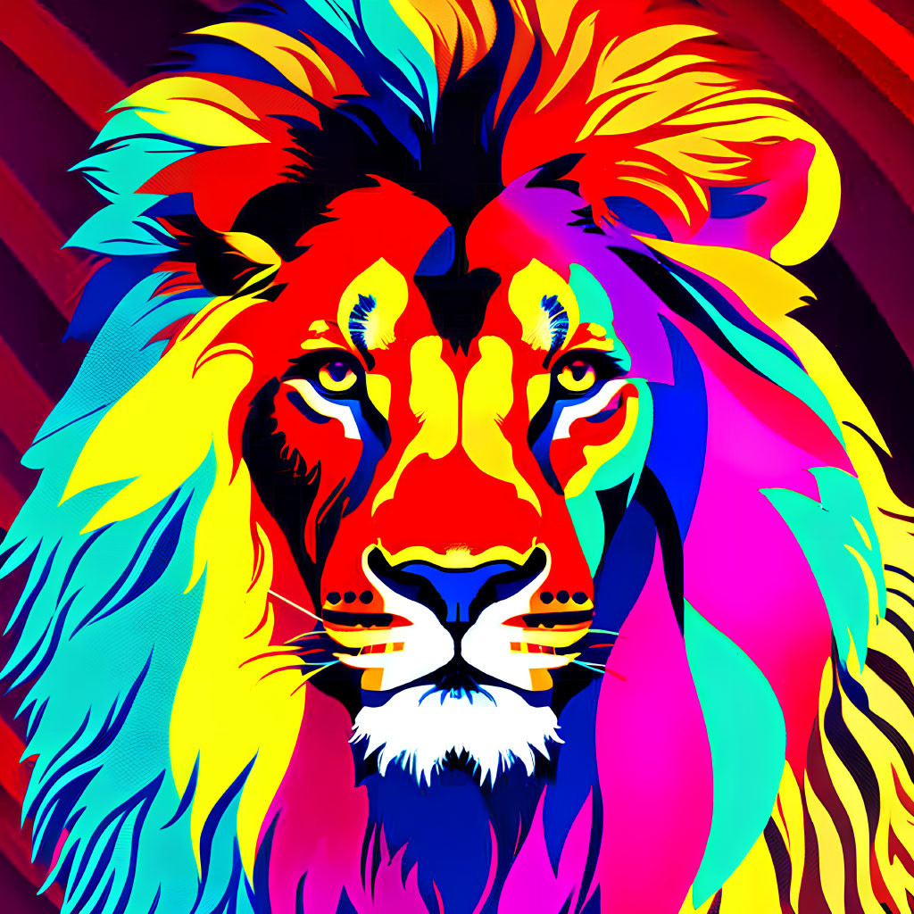 Colorful Psychedelic Lion Head Art Against Red and Purple Striped Background