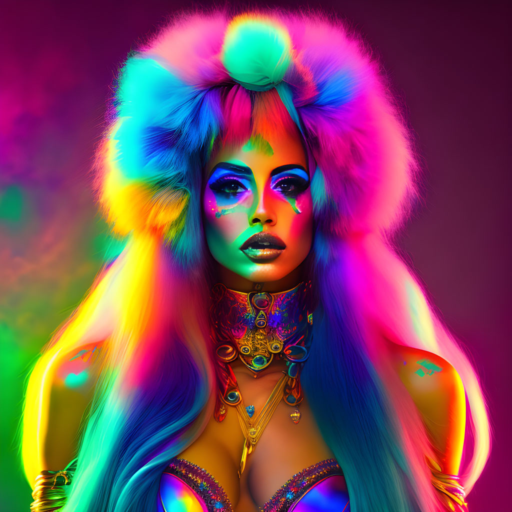 Colorful Woman with Rainbow Hair and Makeup in Vibrant Outfit against Neon Backdrop