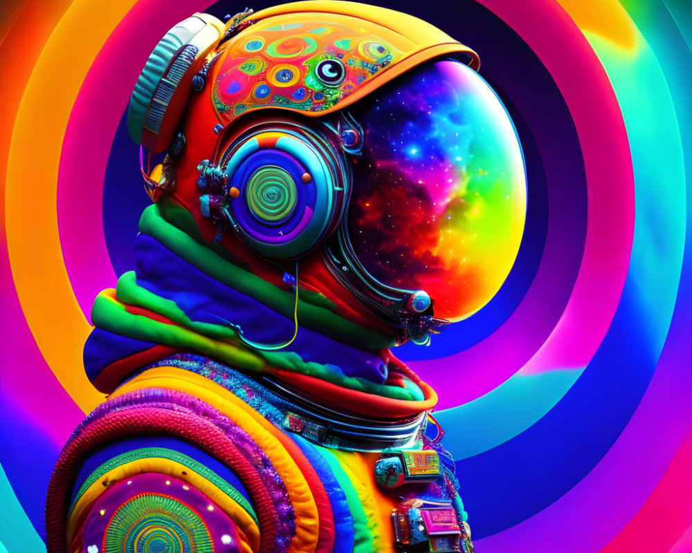 Colorful Astronaut Digital Artwork with Psychedelic Spacesuit and Cosmic Nebulae