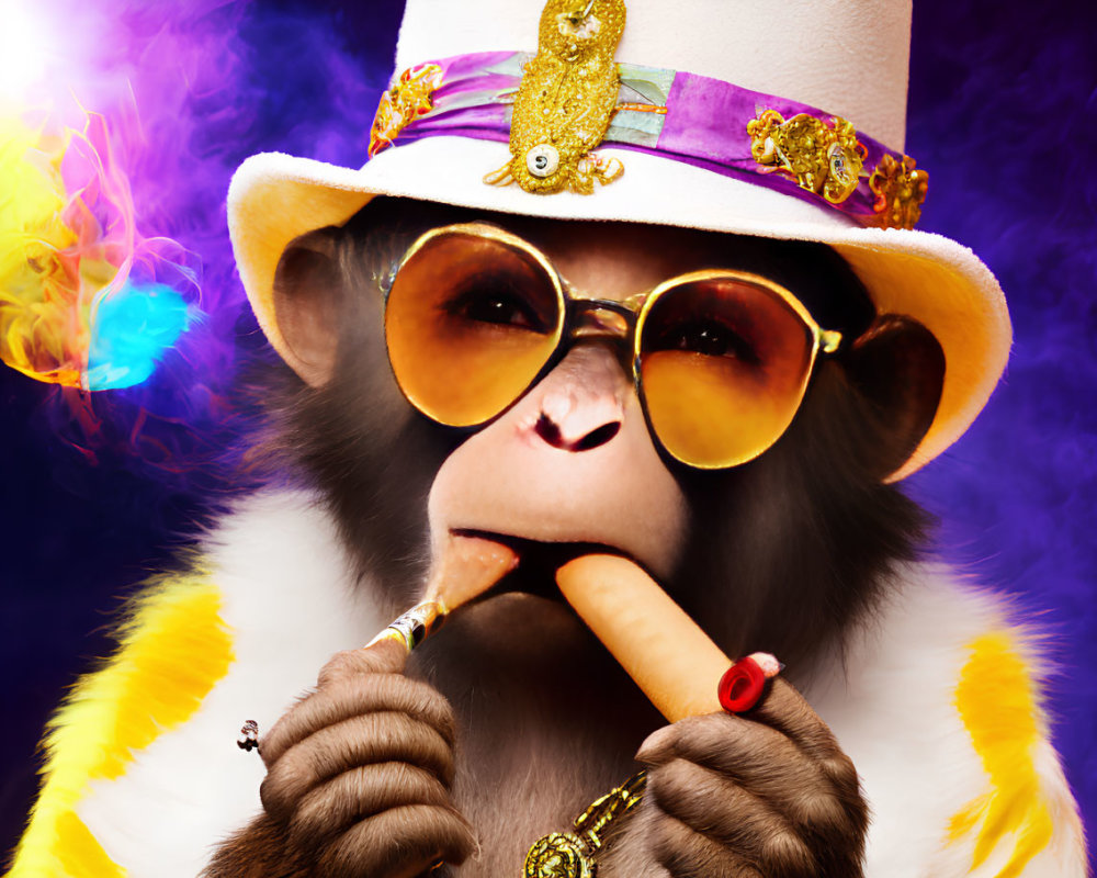 Chimpanzee in white hat and fur coat with cigar and sunglasses