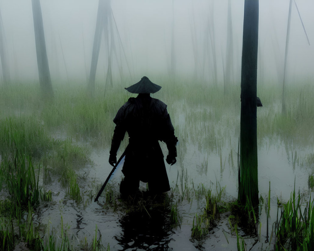 Mysterious figure in conical hat and cloak in misty swamp forest