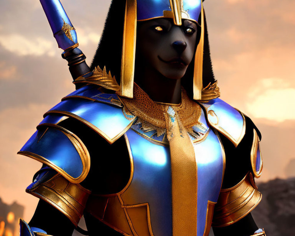 Jackal-headed Figure in Blue and Gold Armor with Staff on Sunset Sky